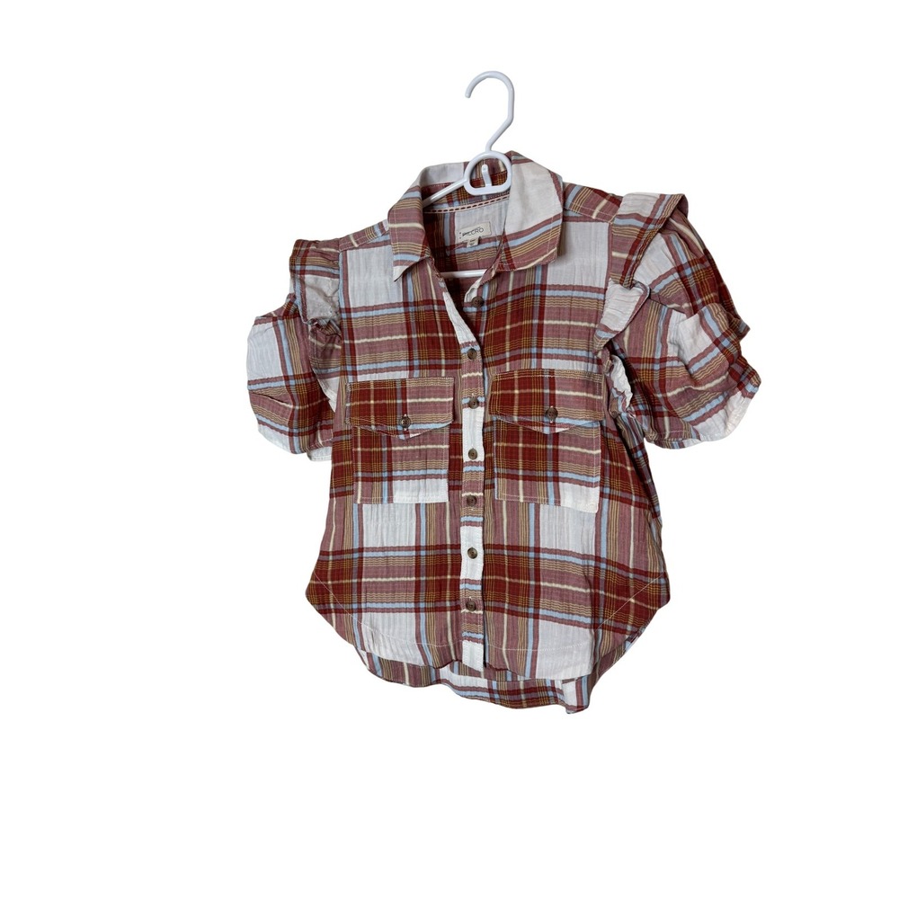 Pilcro Shirt Womens XXSP Petite Red Plaid Ruffle Flutter Sleeve Button Front Top